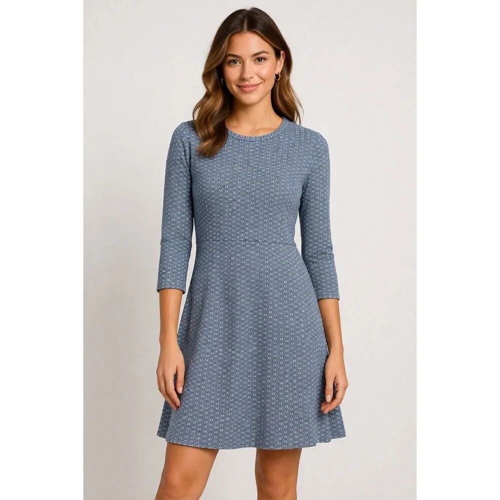 Tory Burch Blue White Knit Dress XL A-Line Stretch 3/4 Sleeve